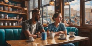two people deep conversation coffee shop