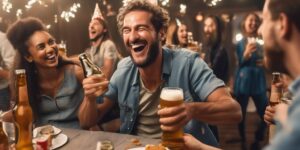 man laughing with beer at birthday party