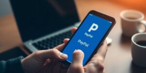 Smartphone mit PayPal-App und Lade-Icon in Händen.