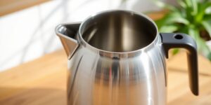 Edelstahl Wasserkocher auf Holzoberfläche mit Pflanzen.