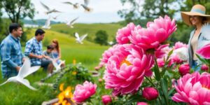 Feiernde Menschen, grüne Natur, Pfingstrosen, Tauben, Feuer.